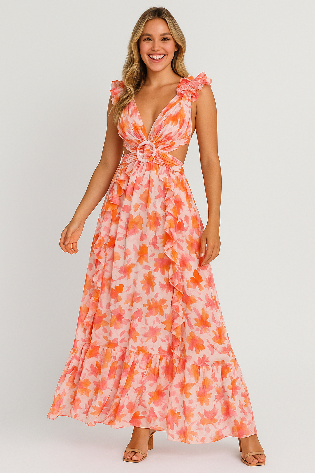 Floral Maxi Backless Dress Peach