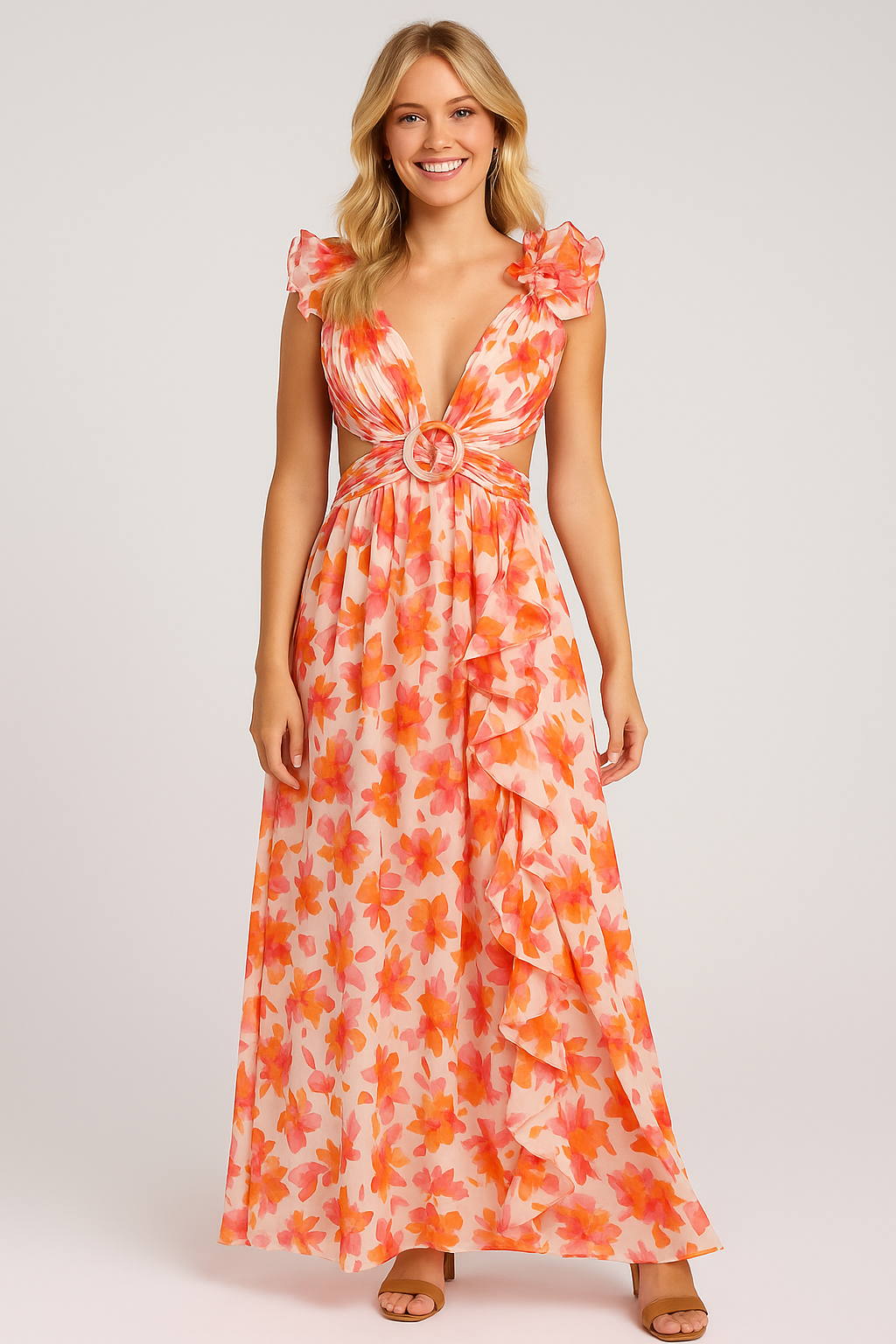 Floral Maxi Backless Dress Peach