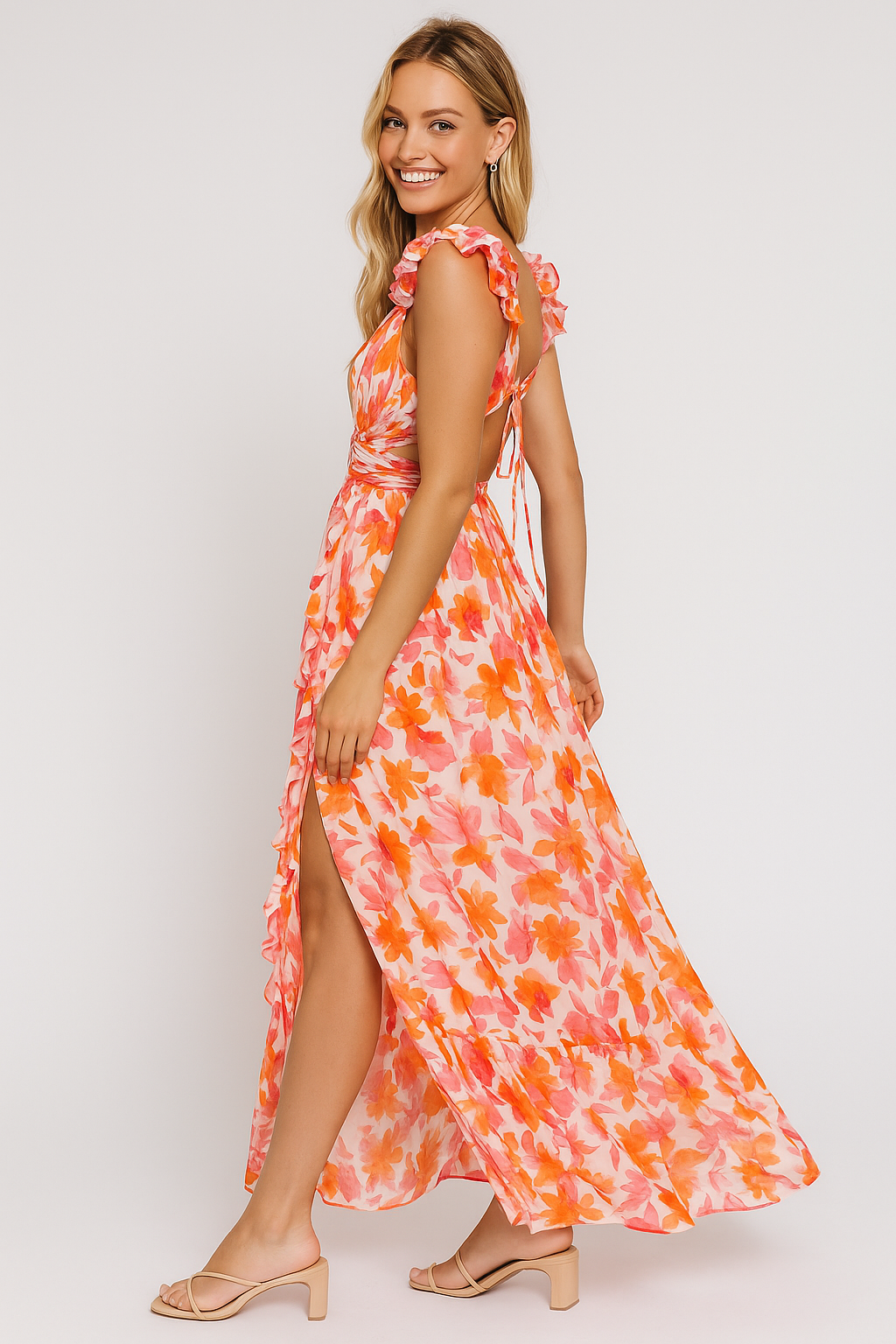 Floral Maxi Backless Dress Peach
