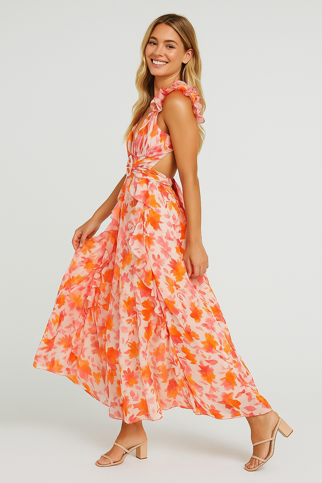 Floral Maxi Backless Dress Peach