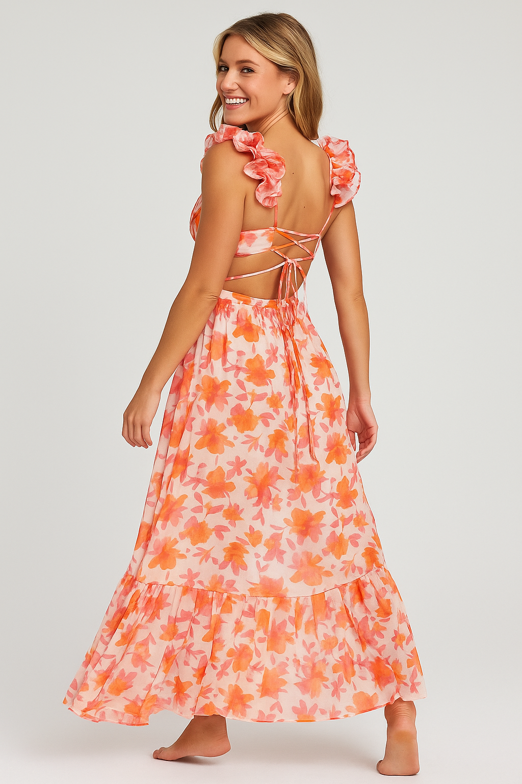 Floral Maxi Backless Dress Peach