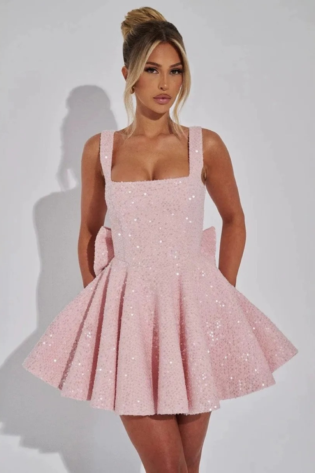 White Bow Sequin Mini Dress