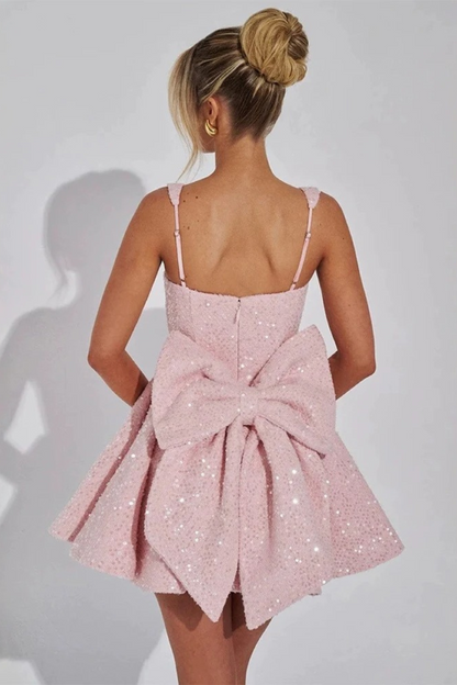 White Bow Sequin Mini Dress