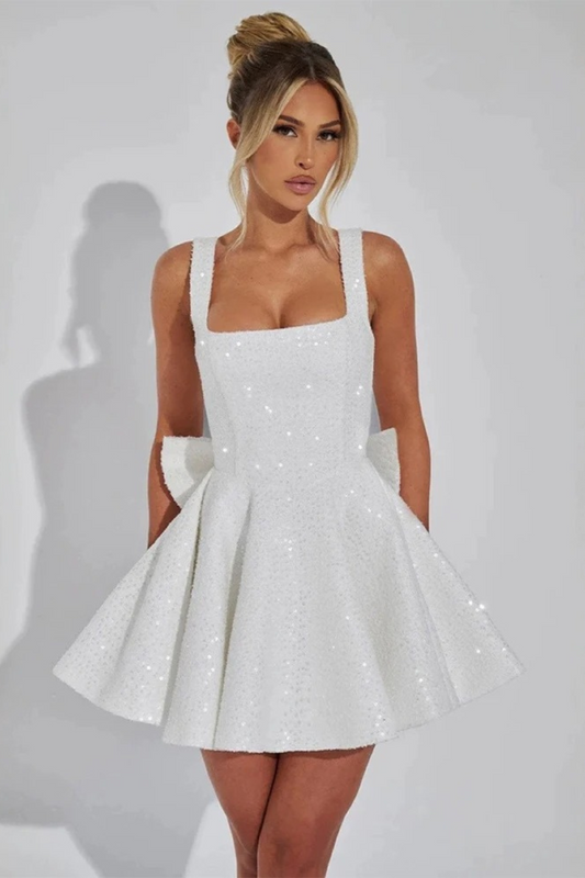 White Bow Sequin Mini Dress