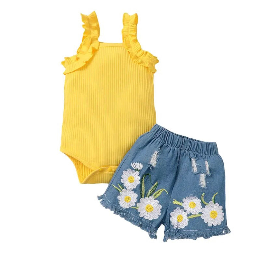 Daisy Ribbed Denim Set Yellow