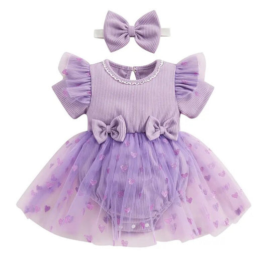 Heart Bow Tutu Romper Purple