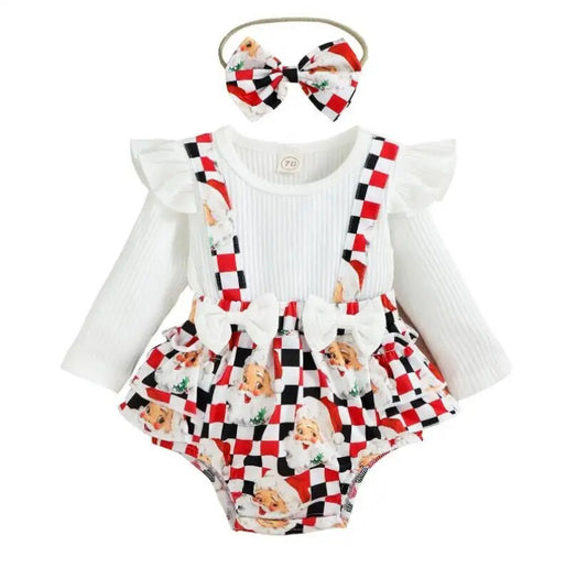 Santa Check Suspender Romper