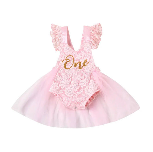 Birthday One Tulle Romper Pink