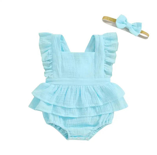 2pc Linen Romper Blue