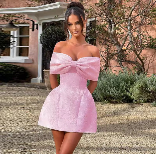 Pink Bow Off-Shoulder Mini Dress