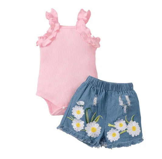 Daisy Ribbed Denim Set Pink