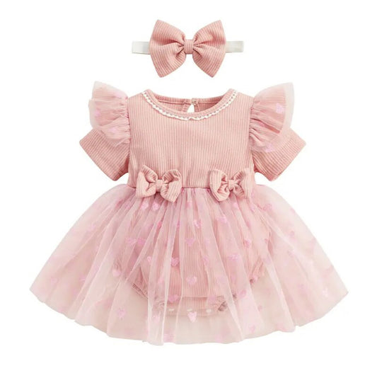 Heart Bow Tutu Romper Pink