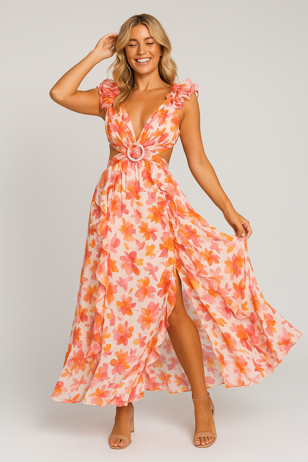 Floral Maxi Backless Dress Peach