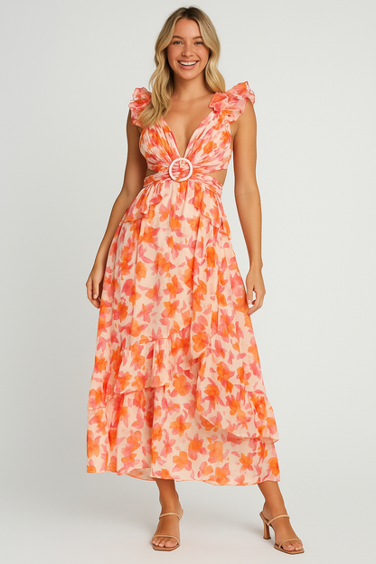 Floral Maxi Backless Dress Peach
