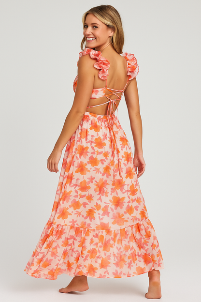 Floral Maxi Backless Dress Peach