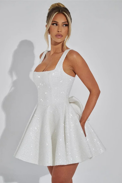 White Bow Sequin Mini Dress