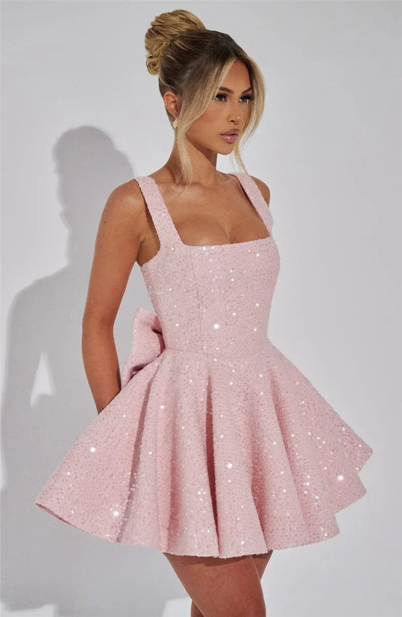 White Bow Sequin Mini Dress