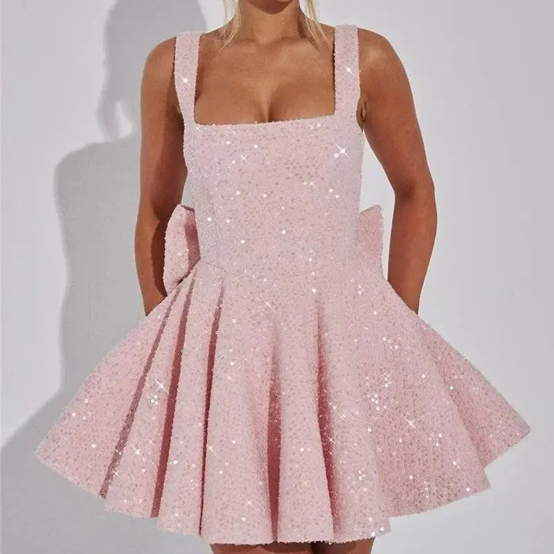 White Bow Sequin Mini Dress