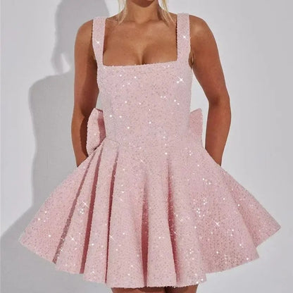 White Bow Sequin Mini Dress